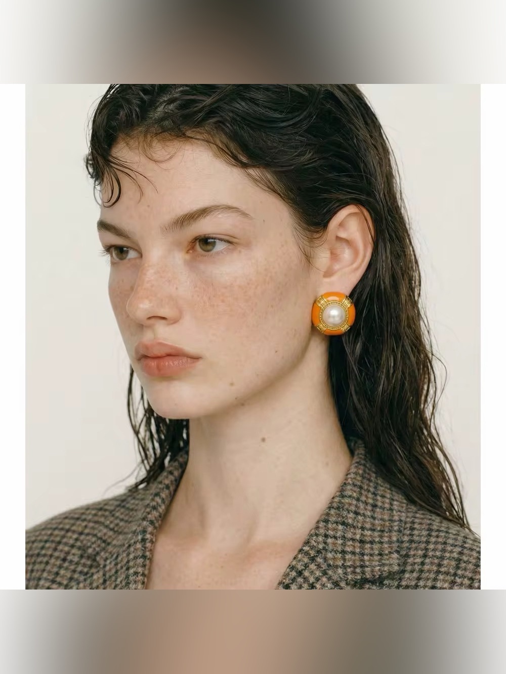 Vintage Orange Enamel & Pearl Stud Earrings | PVD Gold Plated Stainless Steel